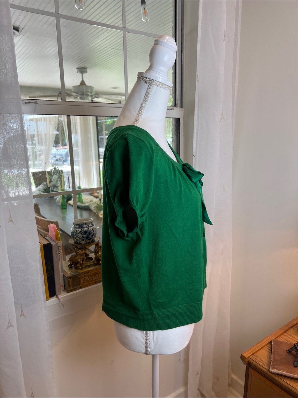 Ann Taylor Loft Green Tie-Front Short Sleeve Cardigan size large. - Picture 3 of 6